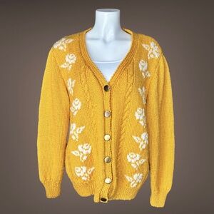 Women's Handmade Vintage Yellow Gold Cardigan with White Floral Detail, Medium